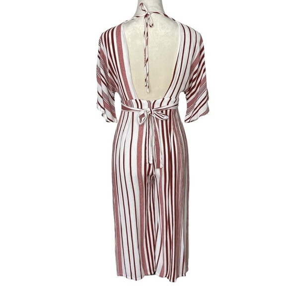 Lulu's Women's Dark Red White Stripped Low Wide Leg Romper Jumpsuit - Picture 4 of 11